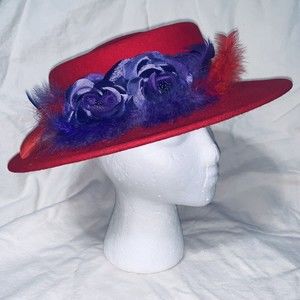 Red Hat with Purple Flowers and Feathers Wool Womens Society New Made In USA